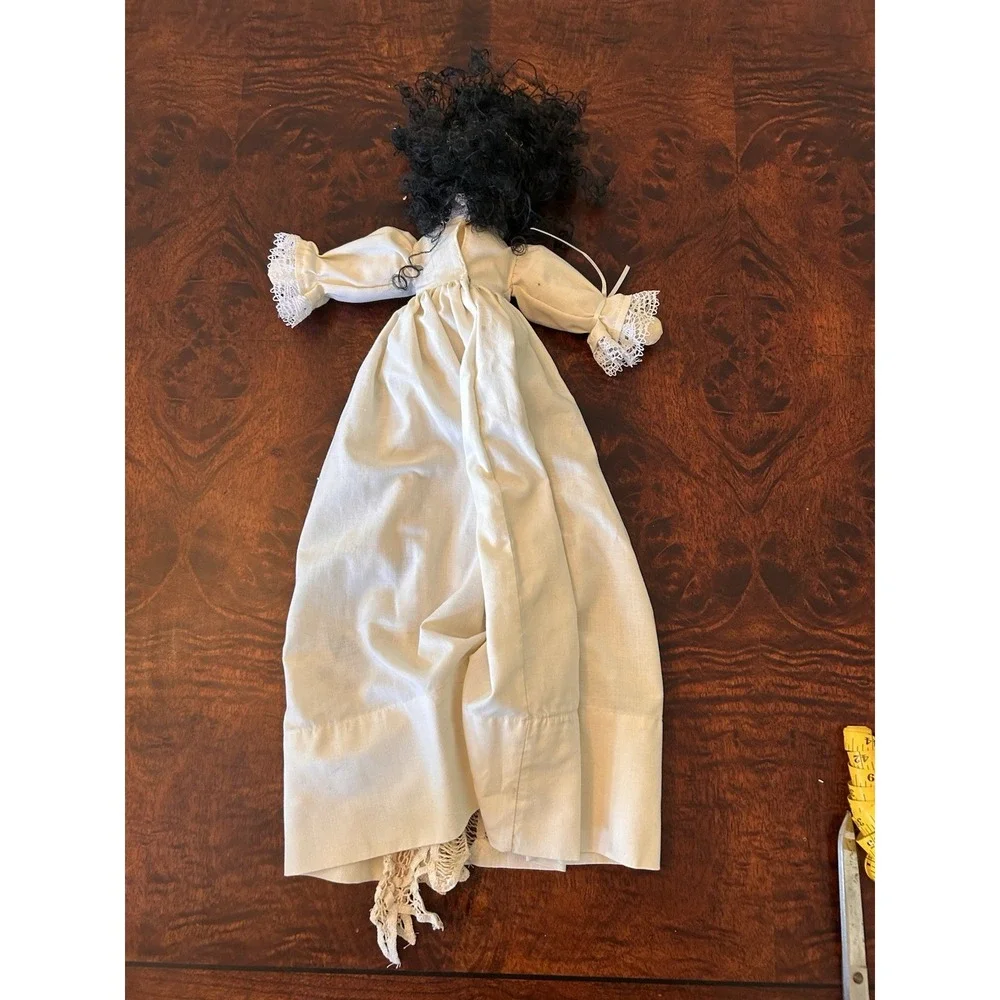 VTG Kmart Cloth Rag Doll wearing Intricate Lace Dress Curly Black Hair